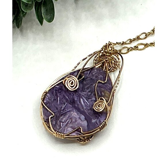 Gold 14KT GF Tone Wire Wrapped Purple Gemstone Pendant Necklace On Long Chain - Picture 4 of 6